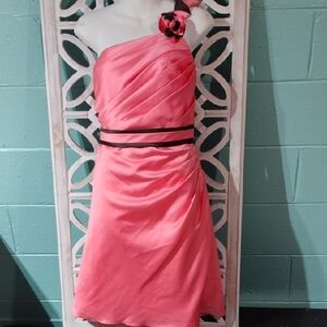 One-Shoulder Coral Dress with Black Accents